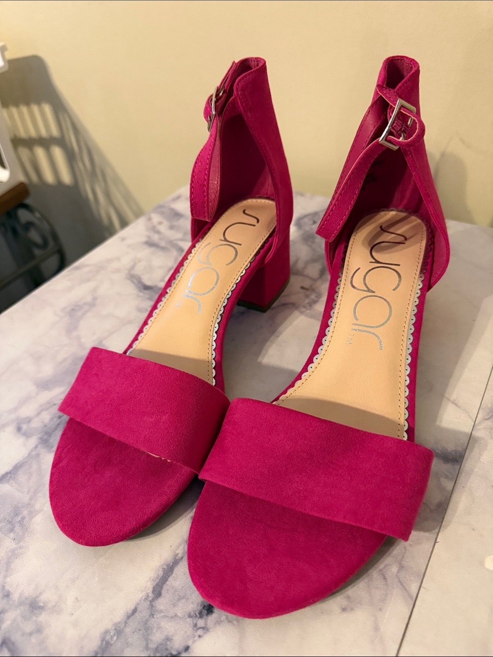Sugar Hot Pink Suede Ankle-Strap Block Heels